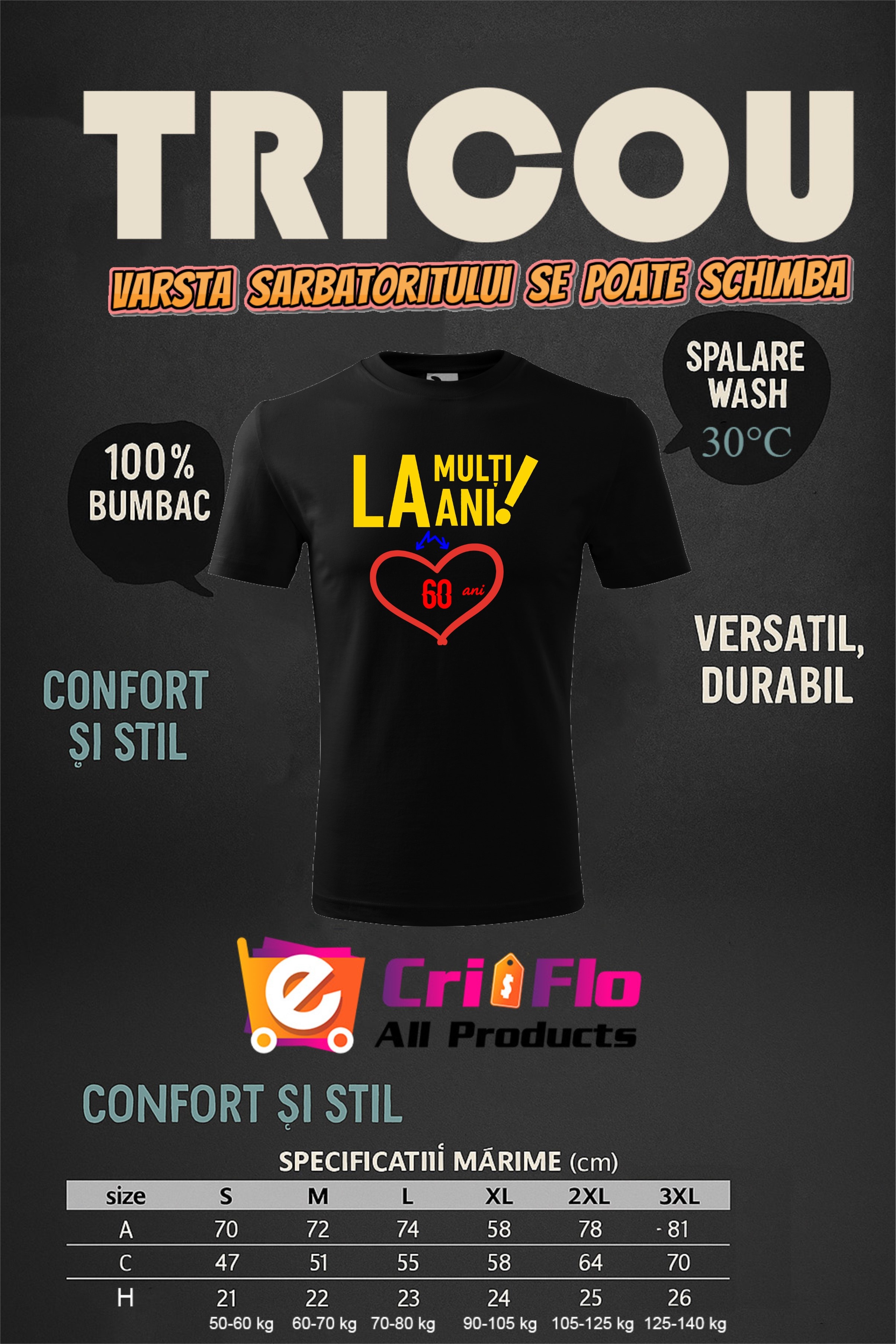 tabel marimi Tricou Cadou Aniversare Bărbat - La mulți ani! XX ani